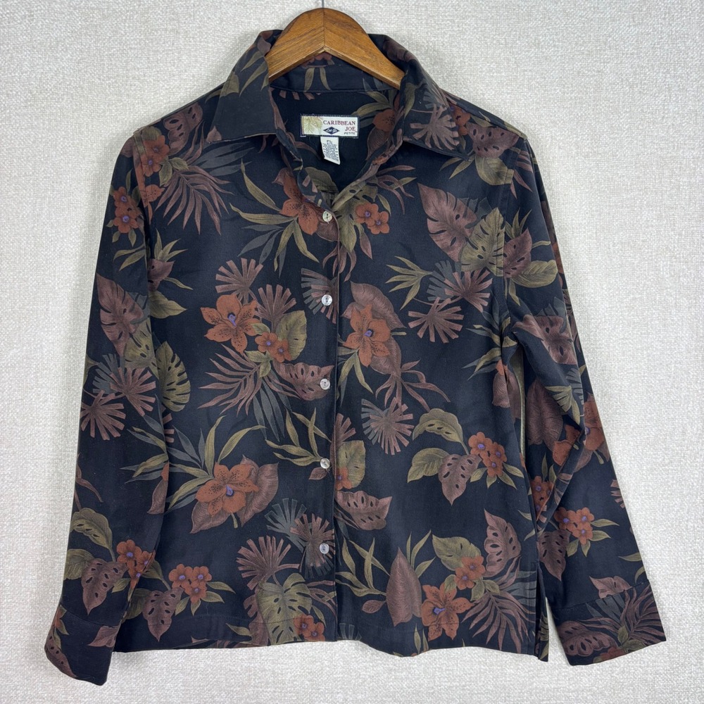 Caribbean Joe Petite Large Tropical Floral Button Down Shirt Black Long Sleeve